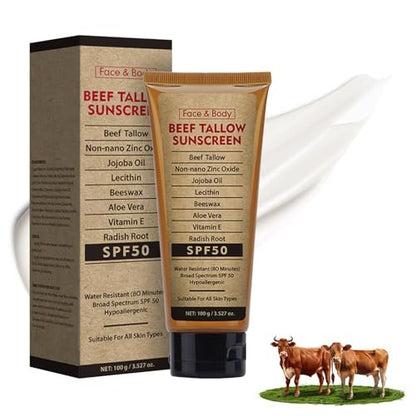 Beef Tallow Sunscreen SPF 50 with Zinc Oxide – Non-Toxic, Reef-Safe Mineral Sunblock for Body & Face, Non-Greasy, 3.5 oz Avelisse