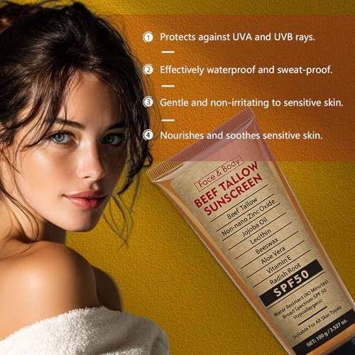 Beef Tallow Sunscreen SPF 50 with Zinc Oxide – Non-Toxic, Reef-Safe Mineral Sunblock for Body & Face, Non-Greasy, 3.5 oz Avelisse