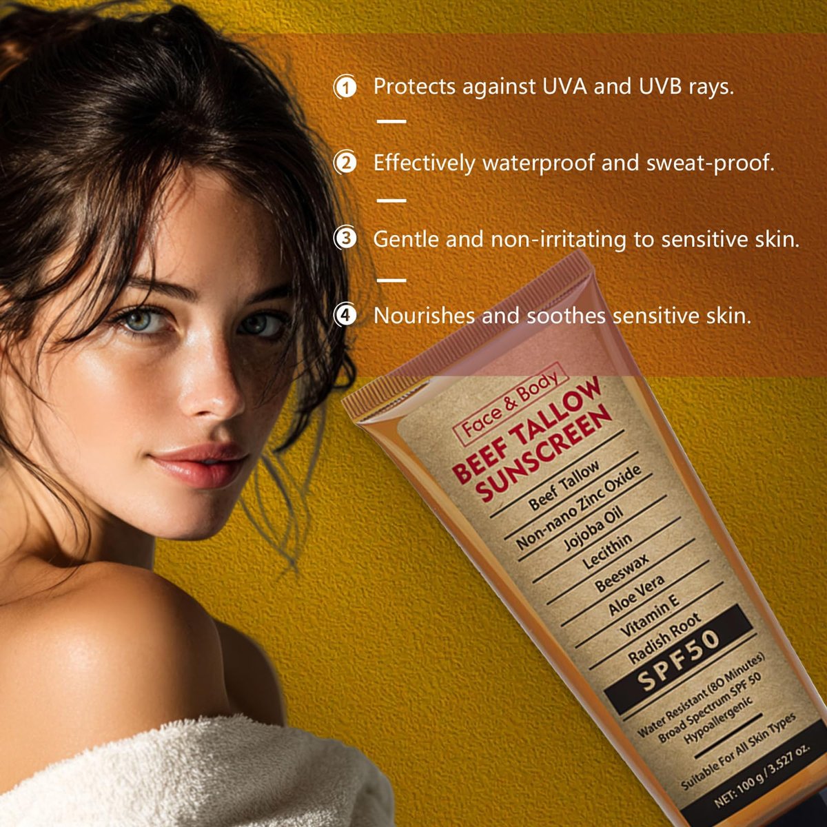 Beef Tallow Sunscreen SPF 50 with Zinc Oxide – Non-Toxic, Reef-Safe Mineral Sunblock for Body & Face, Non-Greasy, 3.5 oz Avelisse