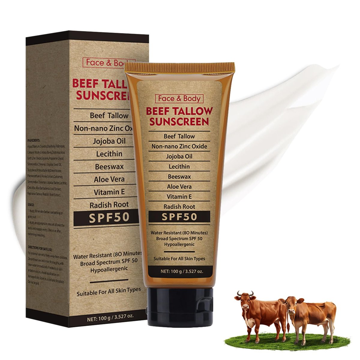 Beef Tallow Sunscreen SPF 50 with Zinc Oxide – Non-Toxic, Reef-Safe Mineral Sunblock for Body & Face, Non-Greasy, 3.5 oz Avelisse