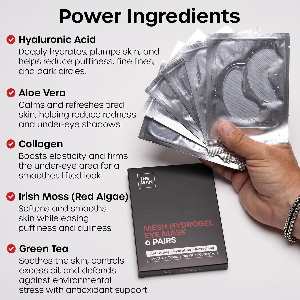 The Man Mesh Hydrogel Under Eye Patches for Men – Cooling, Hydrating & Firming Eye Masks for Dark Circles & Puffiness – Anti-Aging Patches with Hyaluronic Acid, Collagen & Vitamin E (6 Pairs) - görsel 5