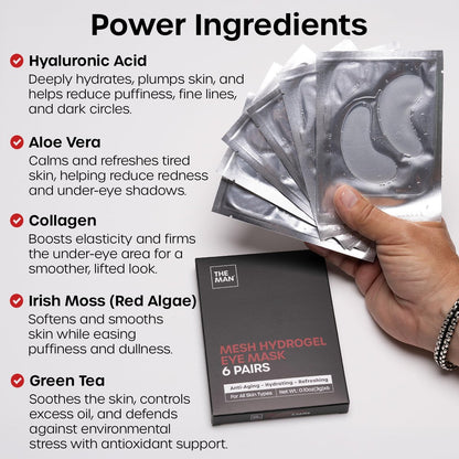 The Man Mesh Hydrogel Under Eye Patches for Men – Cooling, Hydrating & Firming Eye Masks for Dark Circles & Puffiness – Anti-Aging Patches with Hyaluronic Acid, Collagen & Vitamin E (6 Pairs)