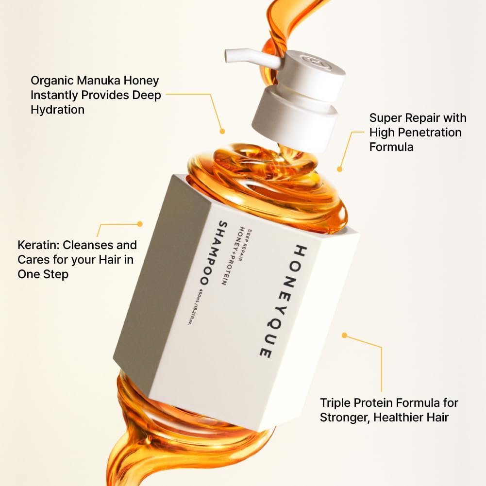 HONEYQUE Deep Repair Moist Shampoo 450ml - Moisturizing Shampoo for Damaged Hair with Manuka Honey & Protein Complex, Frizz Control & Hair Repair, Japanese Salon-Quality Avelisse