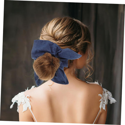 Ipetboom Large Denim Hair Scrunchie Bow Hair Tie - Soft Elastic Ponytail Holder, Square Scarf Headband for Thick Curly Hair