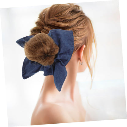 Ipetboom Large Denim Hair Scrunchie Bow Hair Tie - Soft Elastic Ponytail Holder, Square Scarf Headband for Thick Curly Hair