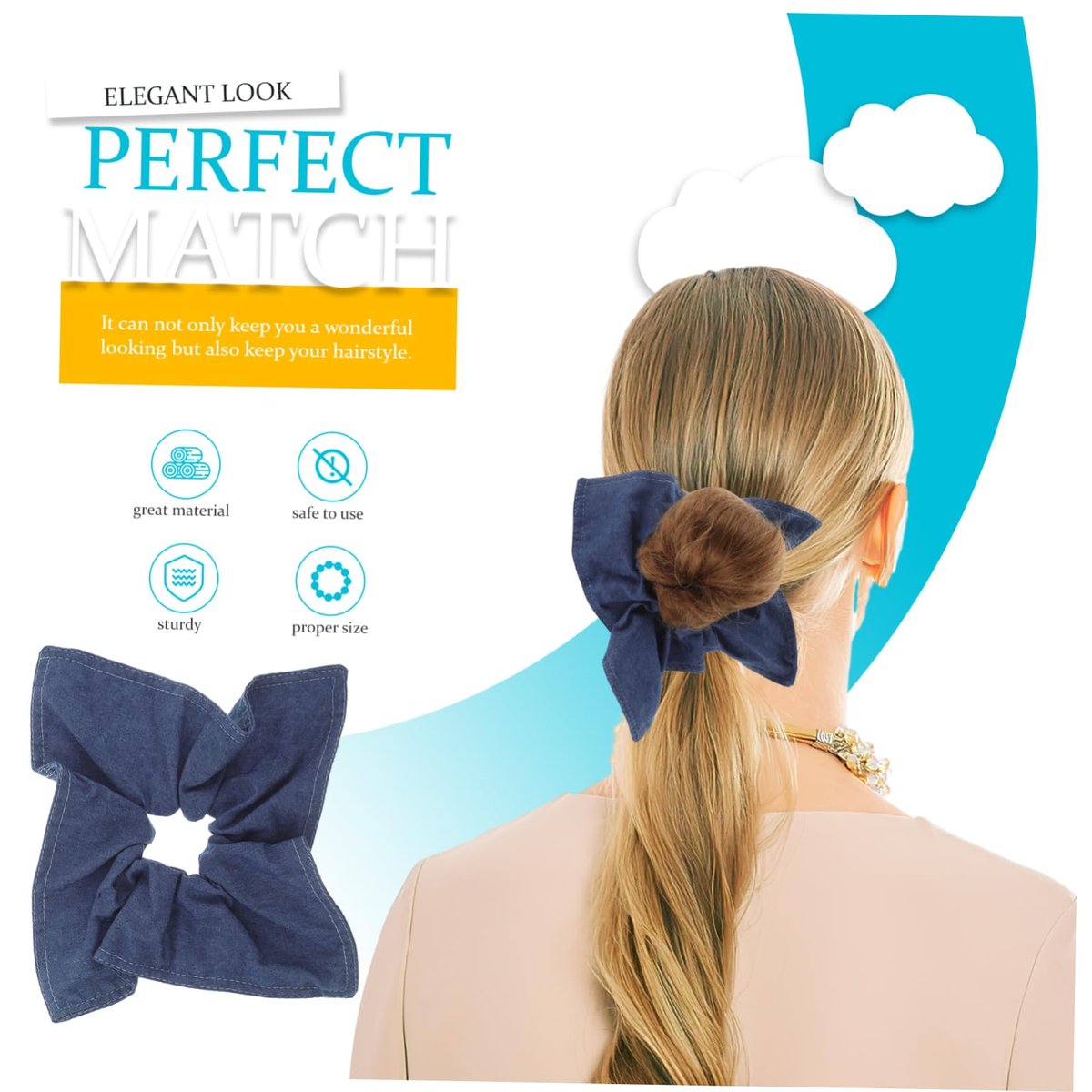 Ipetboom Large Denim Hair Scrunchie Bow Hair Tie - Soft Elastic Ponytail Holder, Square Scarf Headband for Thick Curly Hair - görsel 7