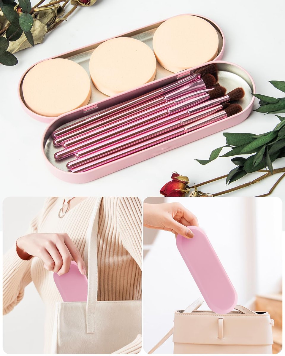 COYKROU 12-in-1 Makeup Brush Set: 8 Premium Brushes, 3 Powder Puffs & Pink Case – Soft Synthetic Fibers, Eyeshadow, Eyebrow & Lip Brushes - görsel 13
