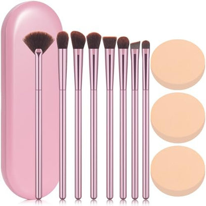 COYKROU 12-in-1 Makeup Brush Set: 8 Premium Brushes, 3 Powder Puffs & Pink Case – Soft Synthetic Fibers, Eyeshadow, Eyebrow & Lip Brushes