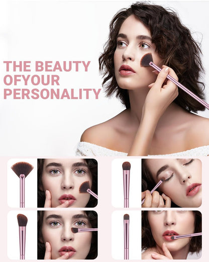 COYKROU 12-in-1 Makeup Brush Set: 8 Premium Brushes, 3 Powder Puffs & Pink Case – Soft Synthetic Fibers, Eyeshadow, Eyebrow & Lip Brushes