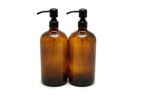 Vivaplex 2-Pack 32 oz Amber Glass Bottles with Stainless Steel Matte Black Lotion Pumps Avelisse