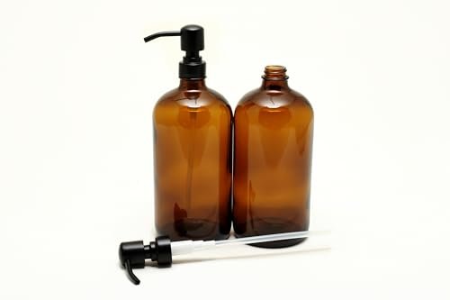 Vivaplex 2-Pack 32 oz Amber Glass Bottles with Stainless Steel Matte Black Lotion Pumps Avelisse