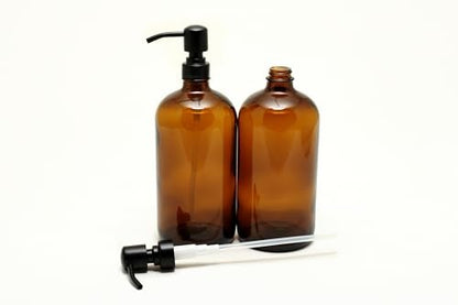Vivaplex 2-Pack 32 oz Amber Glass Bottles with Stainless Steel Matte Black Lotion Pumps Avelisse