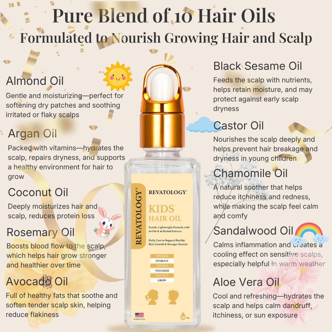 Revatology Kids & Baby Hair Growth Oil – Gentle Pre-Wash Dry/Itchy Scalp Treatment with Coconut, Rosemary, Castor, Amla +25 Botanicals, Ayurvedic, Made in USA, 1 Fl Oz Avelisse