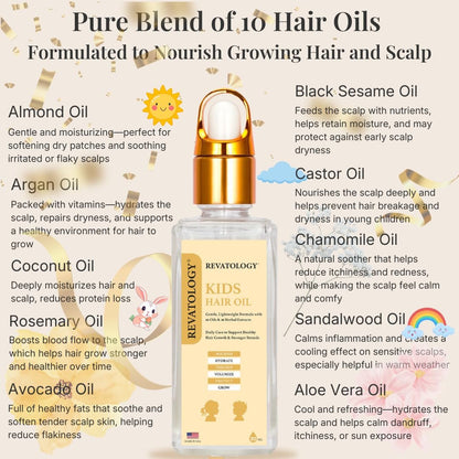 Revatology Kids & Baby Hair Growth Oil – Gentle Pre-Wash Dry/Itchy Scalp Treatment with Coconut, Rosemary, Castor, Amla +25 Botanicals, Ayurvedic, Made in USA, 1 Fl Oz Avelisse