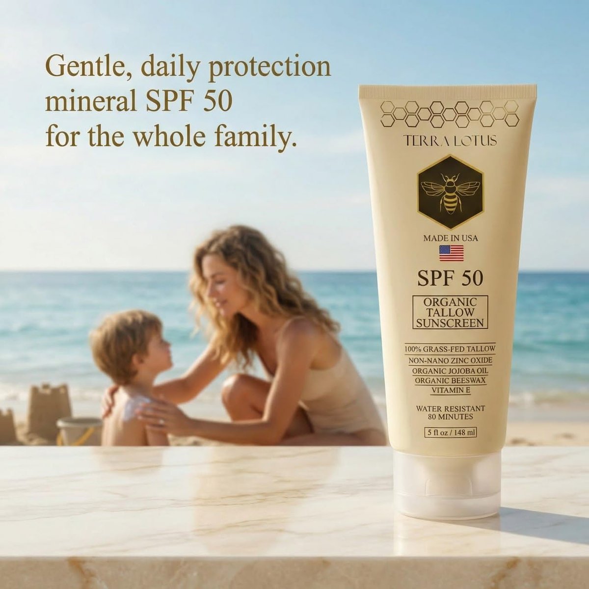 Organic Tallow Mineral Sunscreen SPF 50 – Face & Body – Grass-Fed Tallow, Non-Nano Zinc Oxide, Reef Safe – 5 oz Avelisse