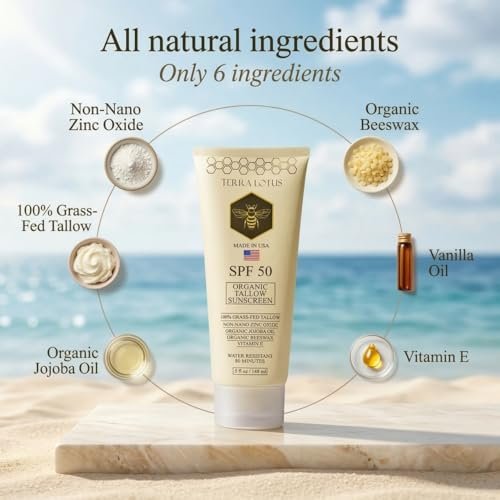 Organic Tallow Mineral Sunscreen SPF 50 – Face & Body – Grass-Fed Tallow, Non-Nano Zinc Oxide, Reef Safe – 5 oz Avelisse