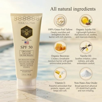 Organic Tallow Mineral Sunscreen SPF 50 – Face & Body – Grass-Fed Tallow, Non-Nano Zinc Oxide, Reef Safe – 5 oz Avelisse