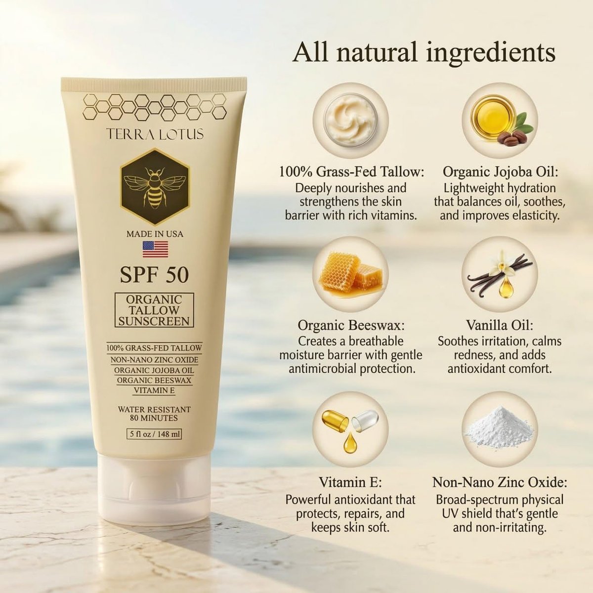 Organic Tallow Mineral Sunscreen SPF 50 – Face & Body – Grass-Fed Tallow, Non-Nano Zinc Oxide, Reef Safe – 5 oz Avelisse