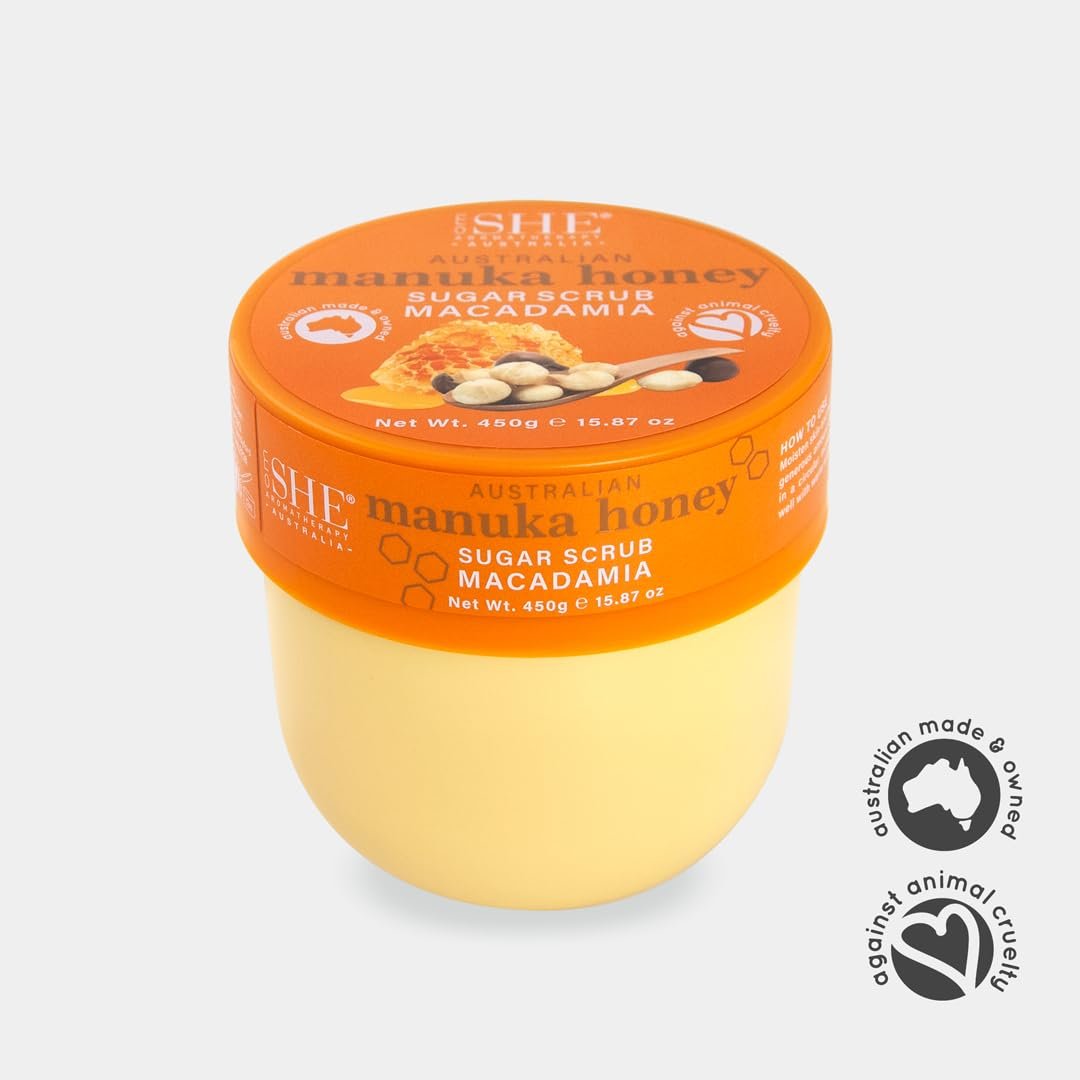 Om SHE Aromatherapy Manuka Honey Sugar Scrub with Macadamia - 15.87 oz Exfoliating Body Scrub, Natural Sugar, Micro Bead Free, Rosehip Oil, Australian Made - görsel 7
