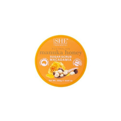 Om SHE Aromatherapy Manuka Honey Sugar Scrub with Macadamia - 15.87 oz Exfoliating Body Scrub, Natural Sugar, Micro Bead Free, Rosehip Oil, Australian Made
