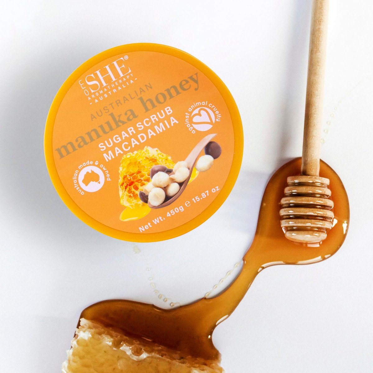 Om SHE Aromatherapy Manuka Honey Sugar Scrub with Macadamia - 15.87 oz Exfoliating Body Scrub, Natural Sugar, Micro Bead Free, Rosehip Oil, Australian Made - görsel 5