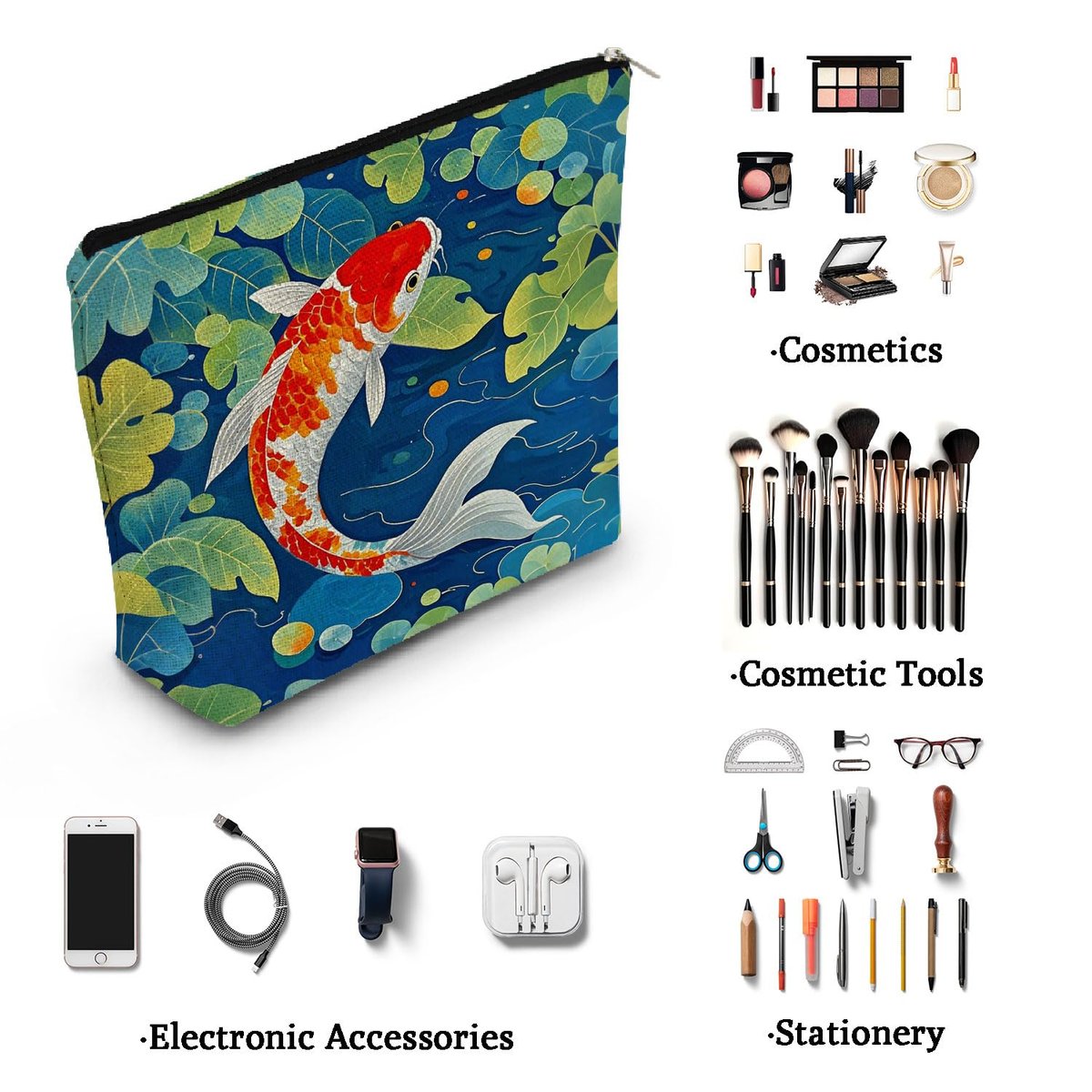 YULUENZE Koi Fish Makeup Bag - Cute Small Canvas Organizer with Zipper, Cosmetic Bag for Women, Aesthetic Birthday Gift - görsel 3