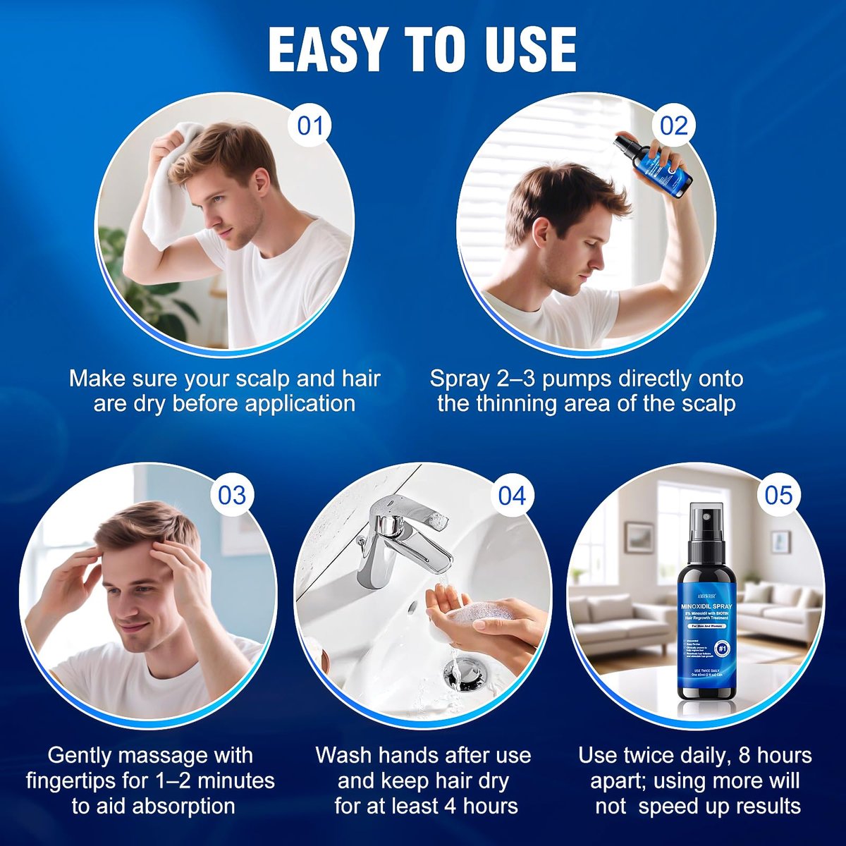 5% Minoxidil Spray for Men and Women with Biotin – Hair Growth Treatment for Thicker Fuller Hair & Beard (6 Pack, 12 Fl Oz Total, 6 Month Supply) Avelisse