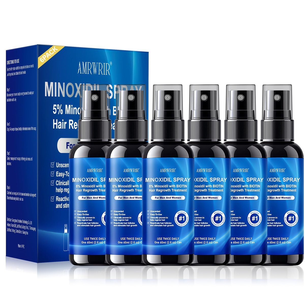 5% Minoxidil Spray for Men and Women with Biotin – Hair Growth Treatment for Thicker Fuller Hair & Beard (6 Pack, 12 Fl Oz Total, 6 Month Supply) Avelisse