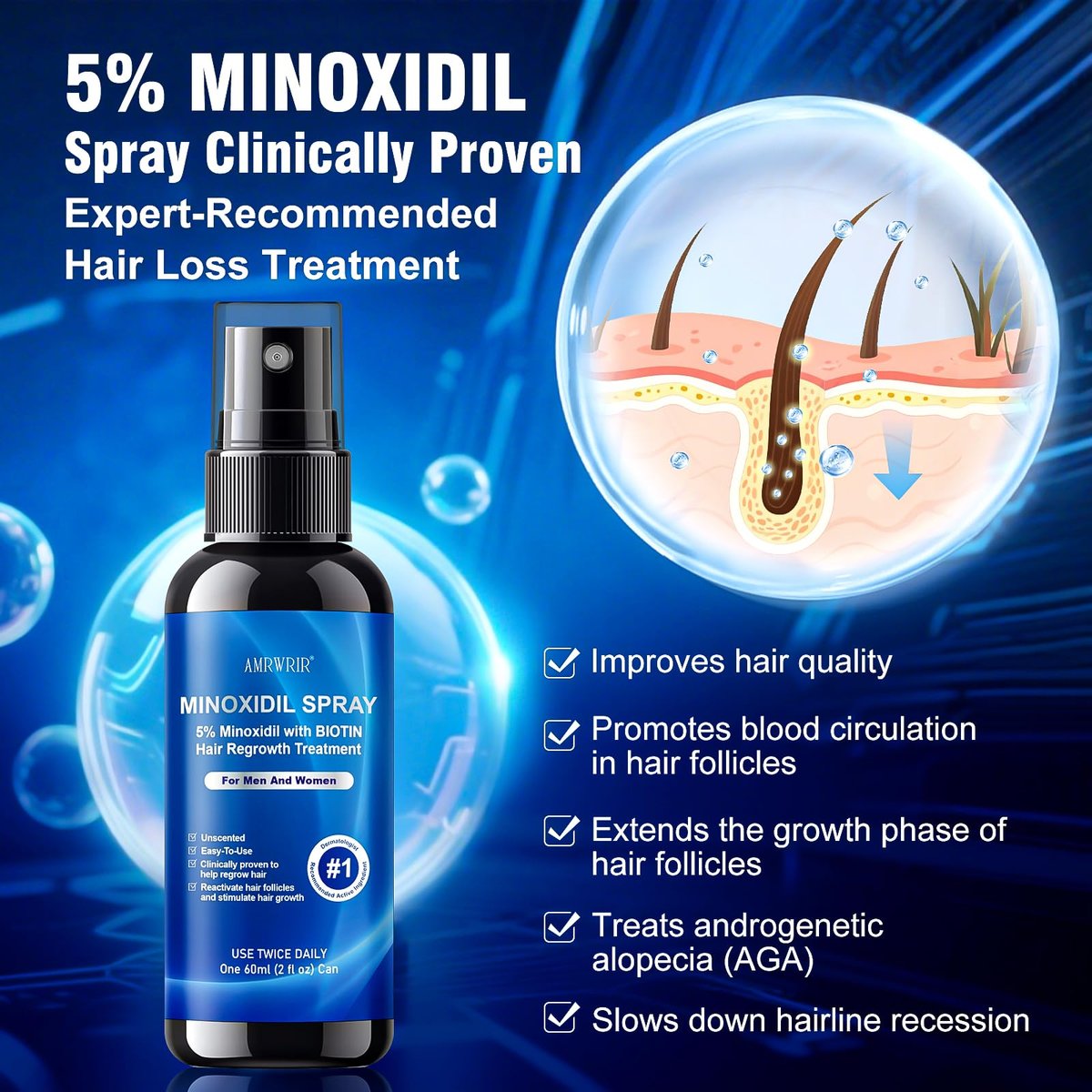 5% Minoxidil Spray for Men and Women with Biotin – Hair Growth Treatment for Thicker Fuller Hair & Beard (6 Pack, 12 Fl Oz Total, 6 Month Supply) Avelisse
