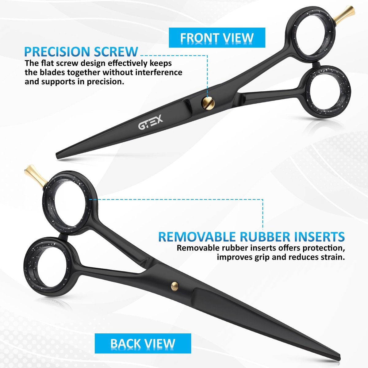 GTEX 6.5 Inch Professional Hair Cutting Scissors – Black, High Carbon Stainless Steel Shears for Men, Women & Adults - görsel 9