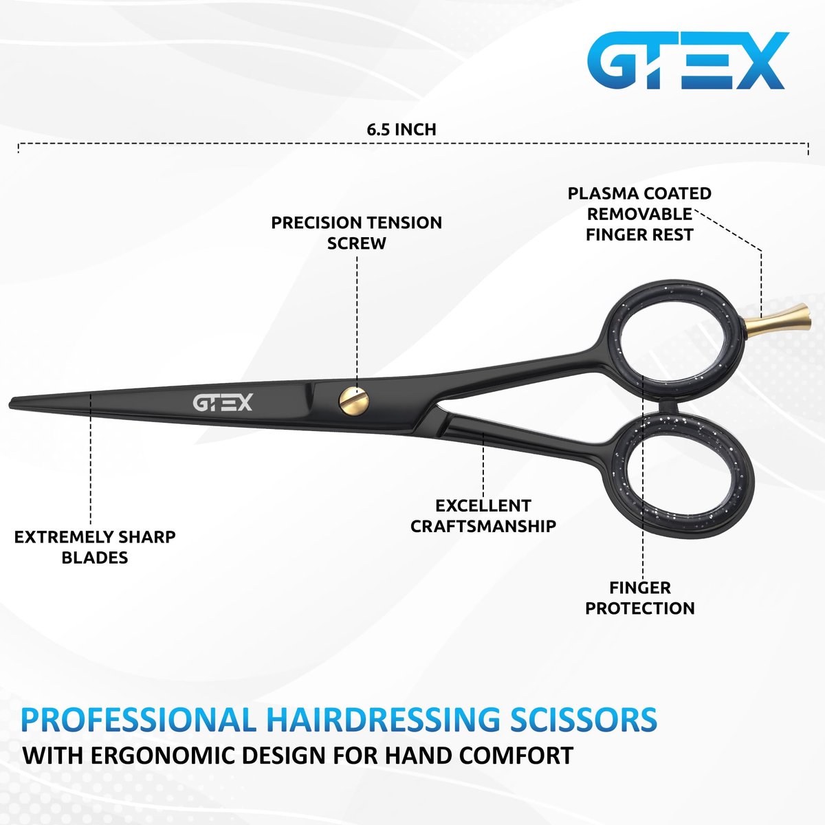 GTEX 6.5 Inch Professional Hair Cutting Scissors – Black, High Carbon Stainless Steel Shears for Men, Women & Adults - görsel 5