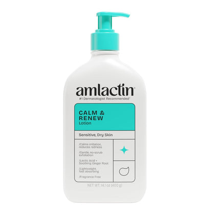 AmLactin Calm & Renew Lotion – Therapeutic Body and Face Moisturizer for Sensitive Skin with Lactic Acid AHA and Soothing Ginger Root, 14.1 oz