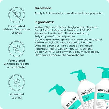 AmLactin Calm & Renew Lotion – Therapeutic Body and Face Moisturizer for Sensitive Skin with Lactic Acid AHA and Soothing Ginger Root, 14.1 oz