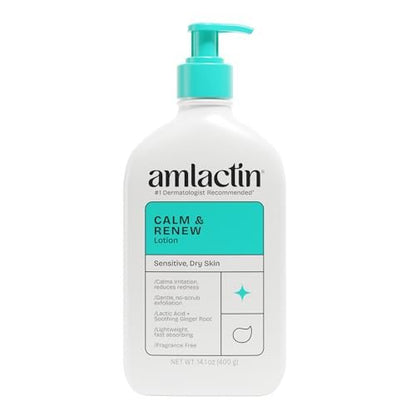 AmLactin Calm & Renew Lotion – Therapeutic Body and Face Moisturizer for Sensitive Skin with Lactic Acid AHA and Soothing Ginger Root, 14.1 oz