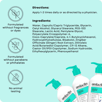 AmLactin Calm & Renew Lotion – Therapeutic Body and Face Moisturizer for Sensitive Skin with Lactic Acid AHA and Soothing Ginger Root, 14.1 oz