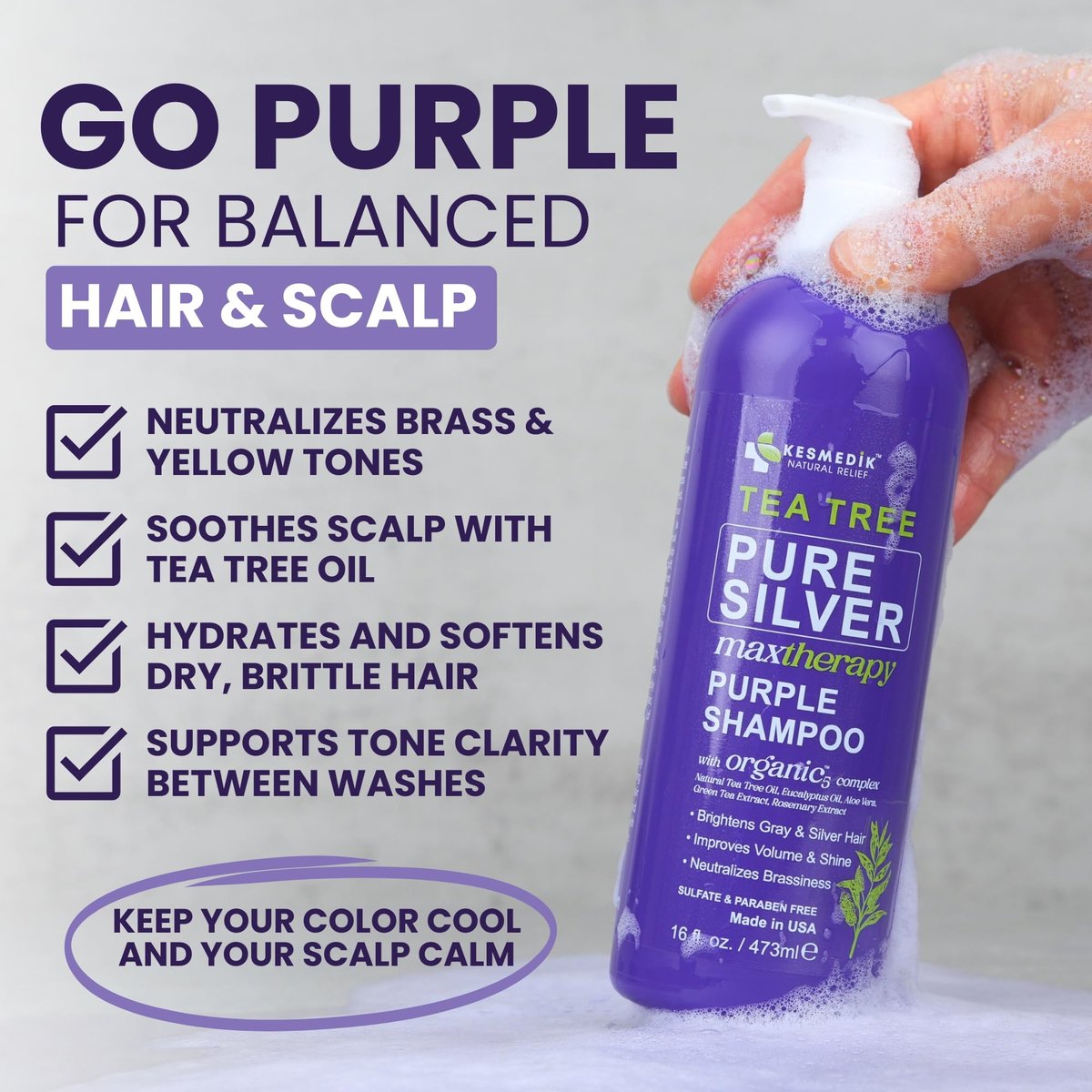 KESMEDIK Tea Tree Purple Shampoo with Rosemary & Aloe - Professional Anti-Brass Toner for Gray, Bleached, White & Blonde Hair - Sulfate-Free, 16 fl oz - görsel 3