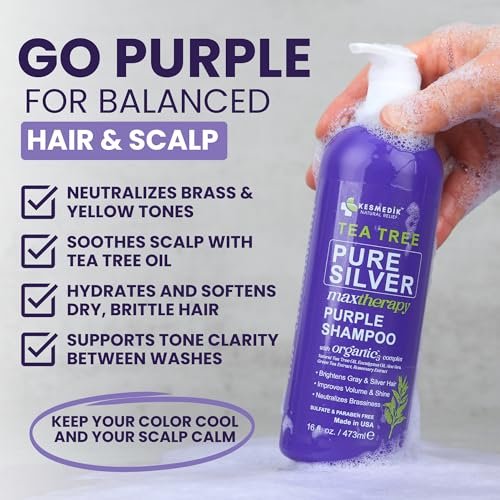 KESMEDIK Tea Tree Purple Shampoo with Rosemary & Aloe - Professional Anti-Brass Toner for Gray, Bleached, White & Blonde Hair - Sulfate-Free, 16 fl oz - görsel 4