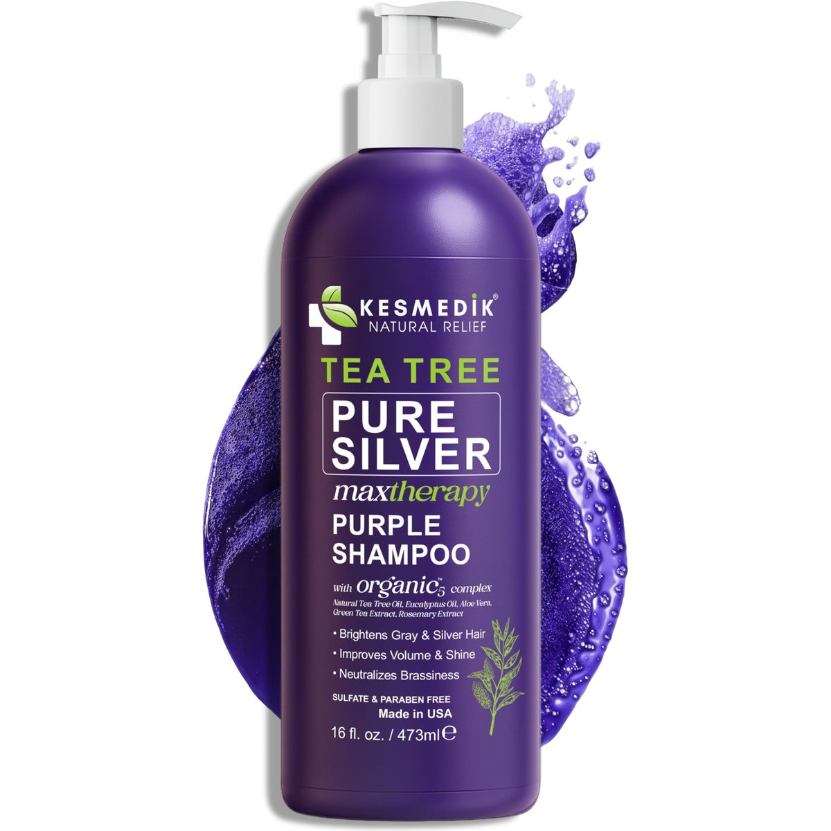 KESMEDIK Tea Tree Purple Shampoo with Rosemary & Aloe - Professional Anti-Brass Toner for Gray, Bleached, White & Blonde Hair - Sulfate-Free, 16 fl oz - görsel 1