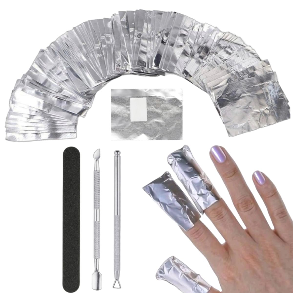 ASKELI 100PCS Foil Nail Wraps Remover for Soak Off Gel Polish Removal - Complete with Cuticle Tools & Nail File for Manicure - görsel 1