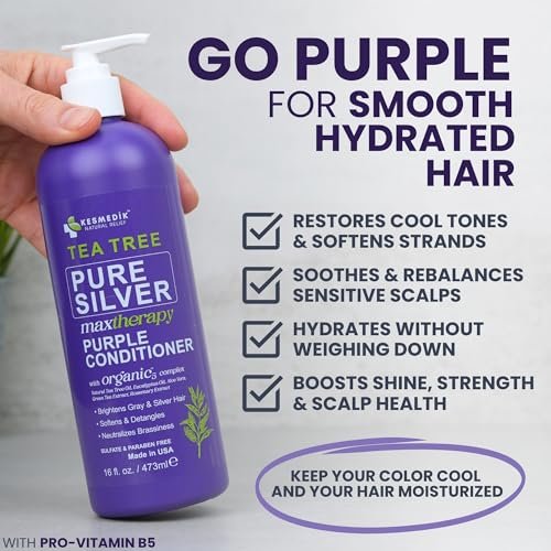 KESMEDIK Tea Tree Purple Conditioner - Anti-Brass Toner for Blonde, Silver & Gray Hair - Softens, Repairs Damaged Hair - Salon-Grade Hair Toner Conditioner, 16 fl oz Avelisse