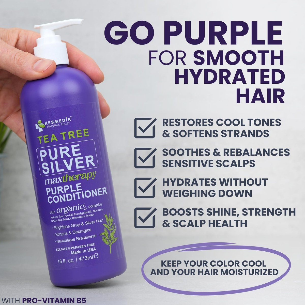 KESMEDIK Tea Tree Purple Conditioner - Anti-Brass Toner for Blonde, Silver & Gray Hair - Softens, Repairs Damaged Hair - Salon-Grade Hair Toner Conditioner, 16 fl oz Avelisse
