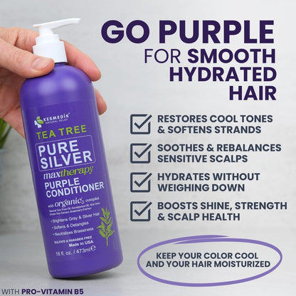 KESMEDIK Tea Tree Purple Conditioner - Anti-Brass Toner for Blonde, Silver & Gray Hair - Softens, Repairs Damaged Hair - Salon-Grade Hair Toner Conditioner, 16 fl oz Avelisse