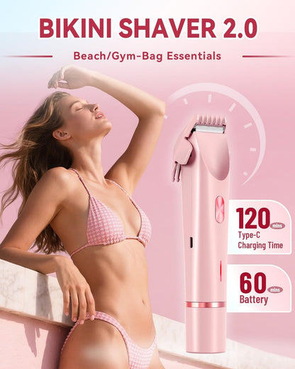 Dermawave Bikini Shaver 2.0 - Electric Bikini Trimmer for Women, 2-in-1 Dual Head Body Hair Razor, Waterproof Wet/Dry, Pink Avelisse