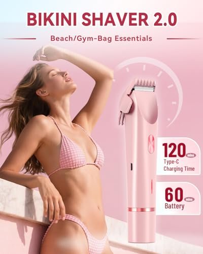 Dermawave Bikini Shaver 2.0 - Electric Bikini Trimmer for Women, 2-in-1 Dual Head Body Hair Razor, Waterproof Wet/Dry, Pink Avelisse