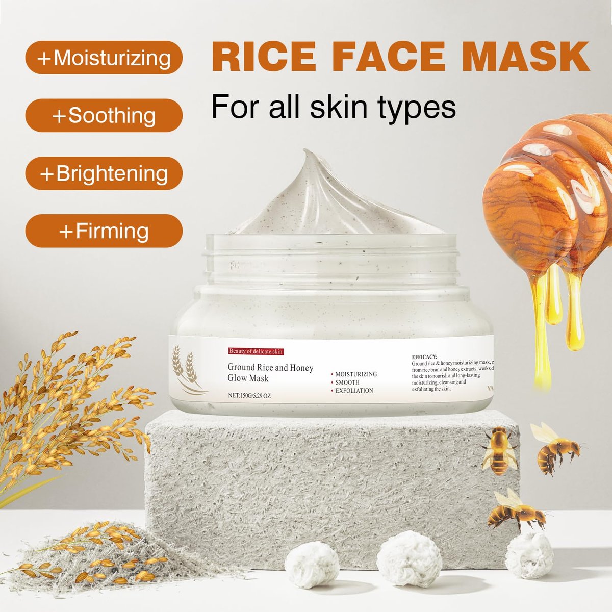 IREV Rice and Honey Glow Mask – Hydrating Clay Mask for Dry Sensitive Skin, 150g Avelisse