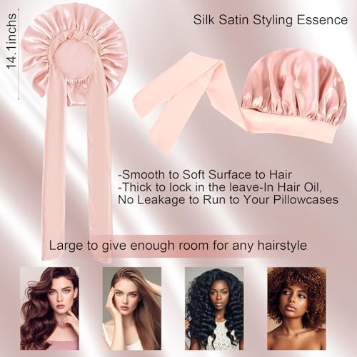 Pink Silk Bonnet for Sleeping – Extra Large Satin Bonnet with Tie Band & Adjustable Straps for Women, Curly & Braided Hair Avelisse
