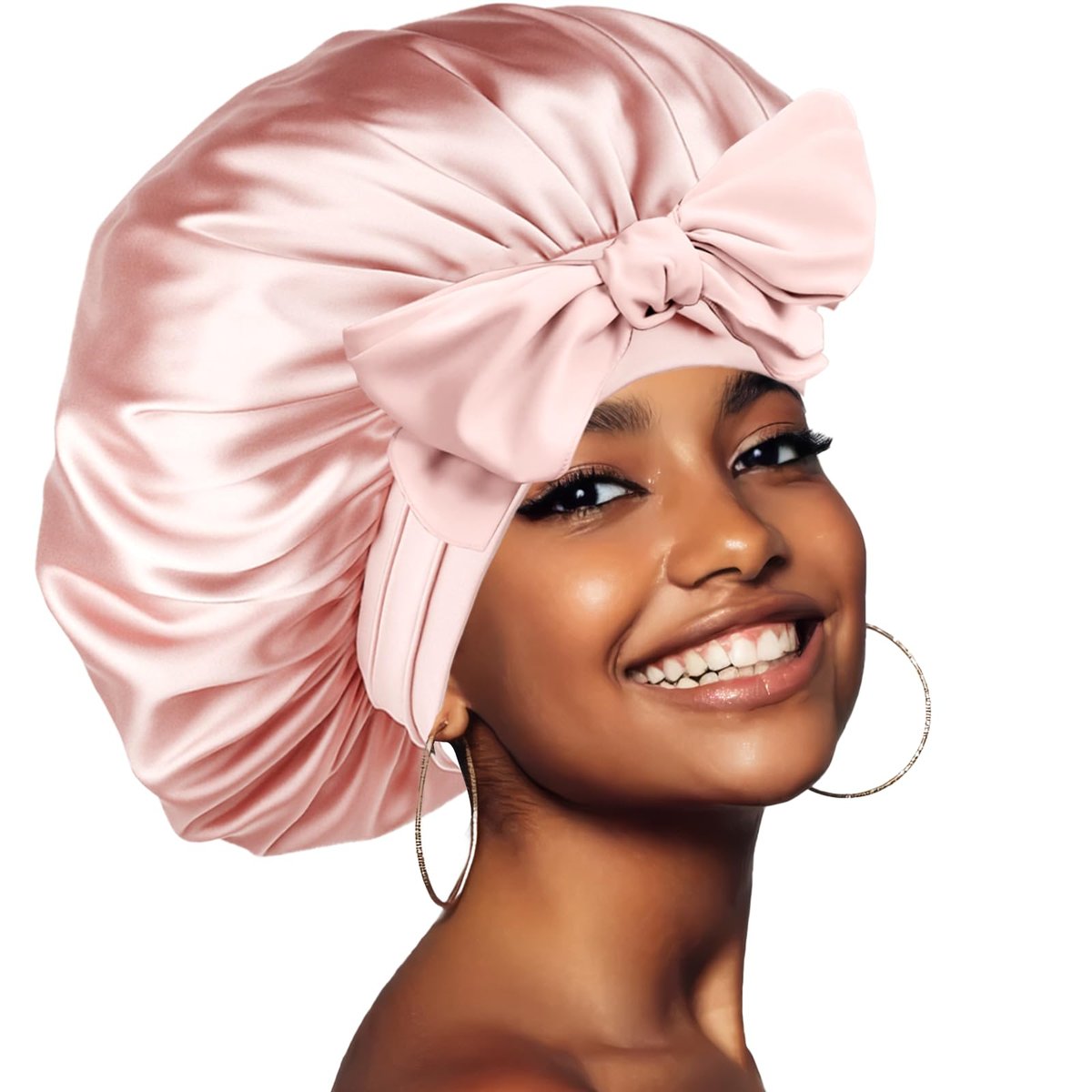 Pink Silk Bonnet for Sleeping – Extra Large Satin Bonnet with Tie Band & Adjustable Straps for Women, Curly & Braided Hair Avelisse