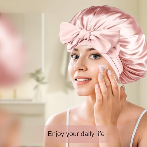 Pink Silk Bonnet for Sleeping – Extra Large Satin Bonnet with Tie Band & Adjustable Straps for Women, Curly & Braided Hair Avelisse