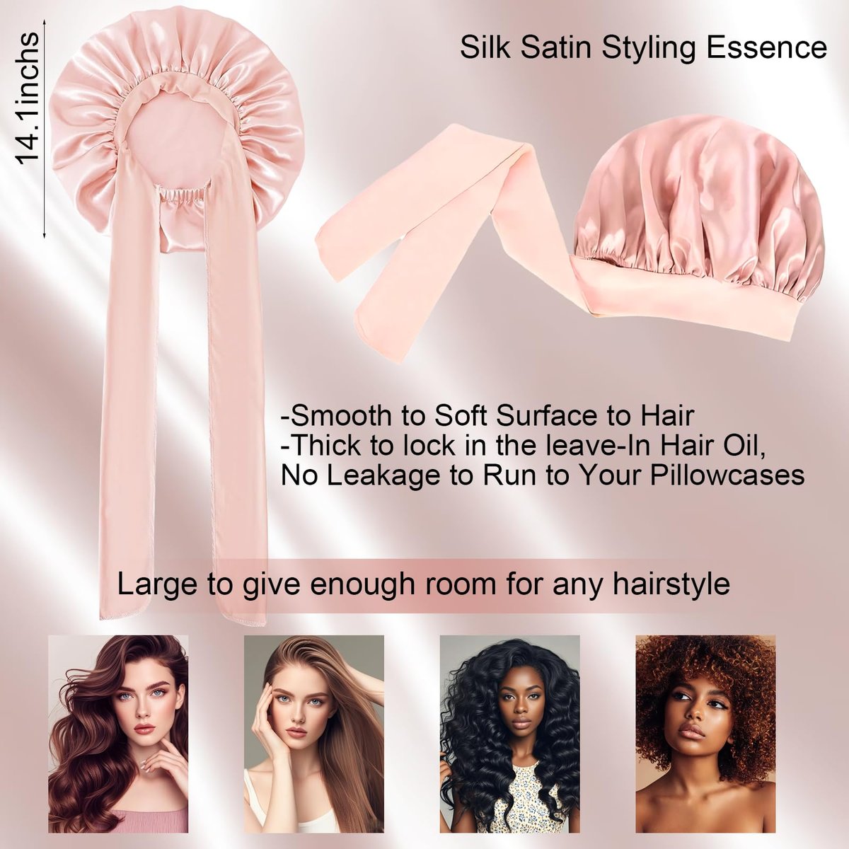 Pink Silk Bonnet for Sleeping – Extra Large Satin Bonnet with Tie Band & Adjustable Straps for Women, Curly & Braided Hair Avelisse