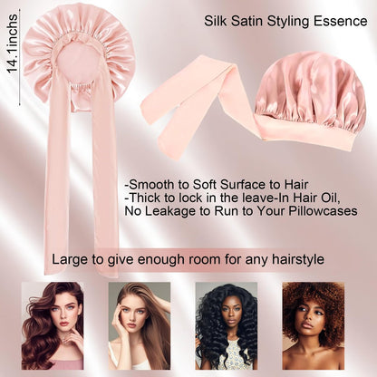 Pink Silk Bonnet for Sleeping – Extra Large Satin Bonnet with Tie Band & Adjustable Straps for Women, Curly & Braided Hair Avelisse